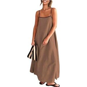 Senllen Women Size XL Dress Brown Black Linen Blend Loose Fit Maxi Sundress E3
